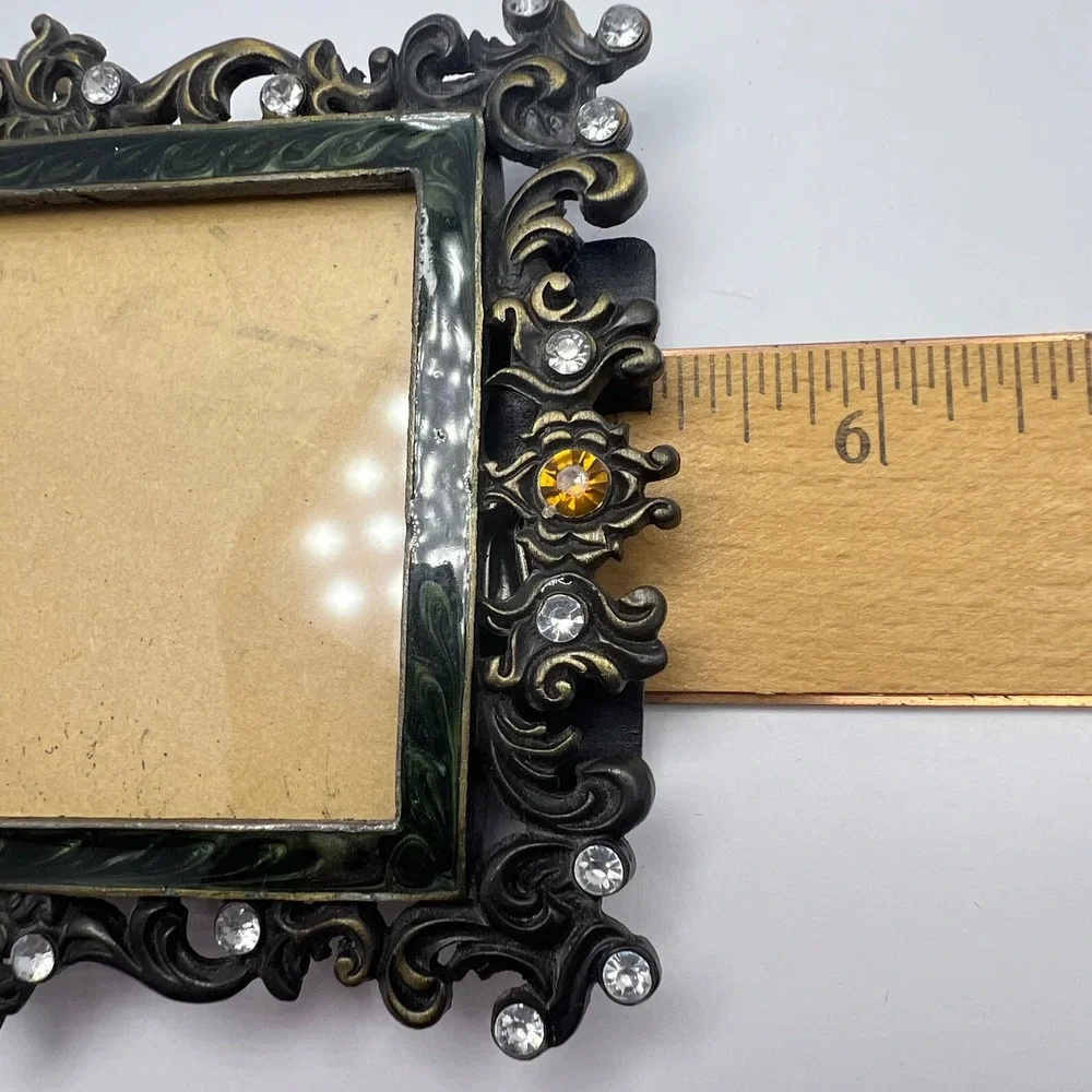 Ornate Bejeweled Frame Bronze Color 3.25 x 2.25 Vintage Green Enamel Baroque